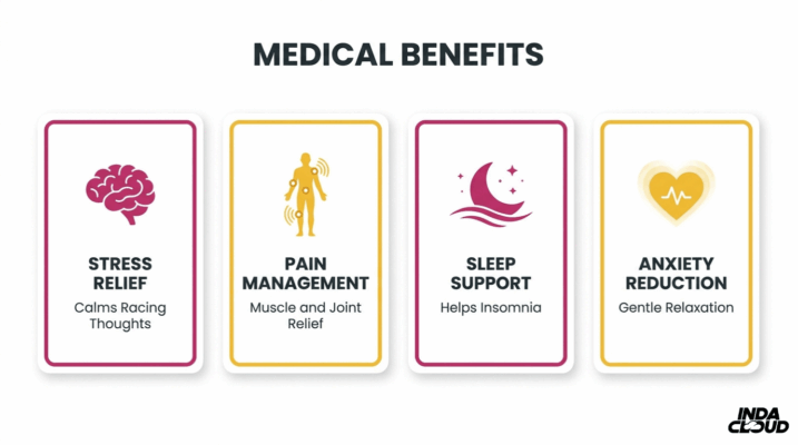 Blueberry Strain: Info, Effects, &Amp; More 4 Blueberry Medical Benefits Infographic Showing Stress Relief, Pain Management, Sleep Support, And Anxiety Reduction