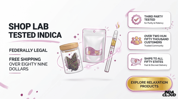 Does Indica Make You Tired? Here Are 5 Reasons For Its Effects 5 Lab Tested Indica Products Banner Showing Federally Legal Products, Free Shipping Over Eighty Nine Dollars, And Third Party Tested Quality Assurance