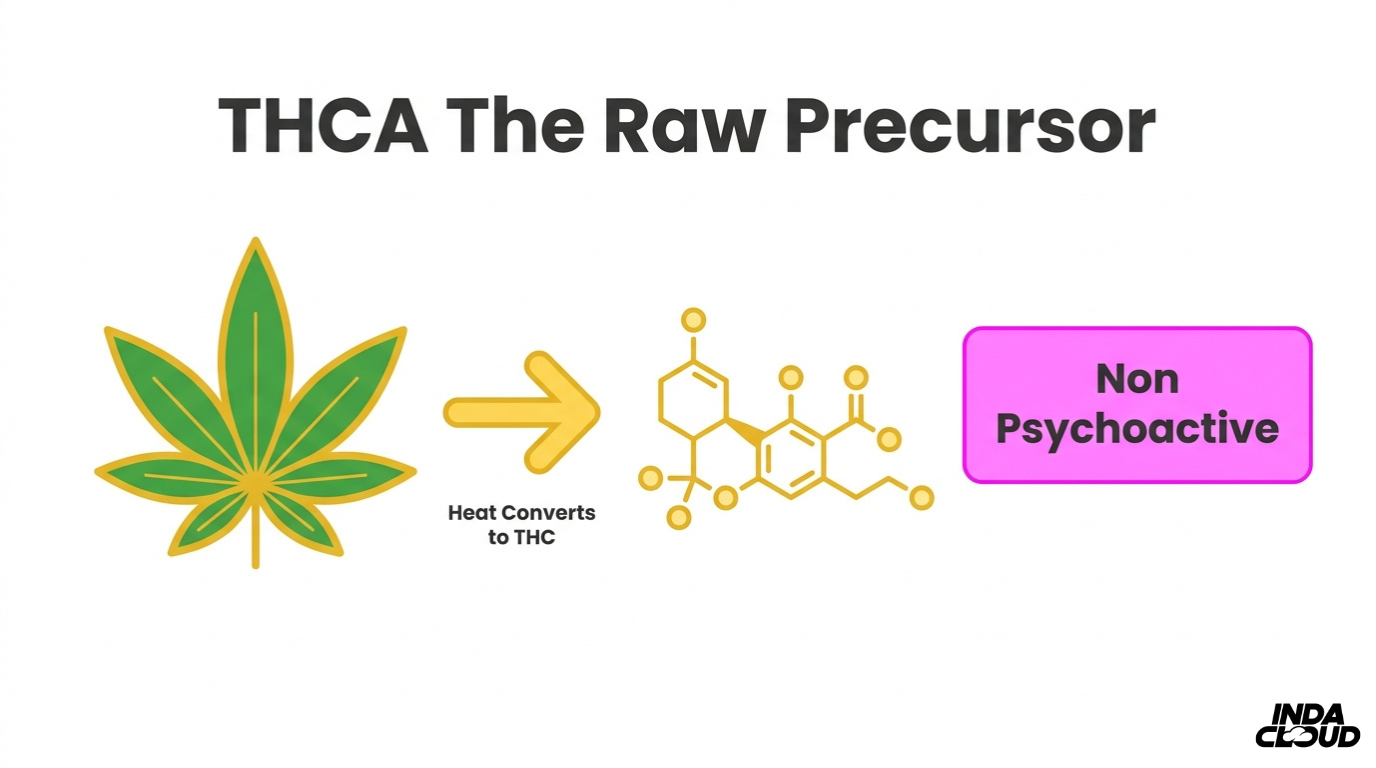 THCA raw precursor infographic showing cannabis leaf, THCA molecular structure, heat conversion to THC, and non psychoactive status