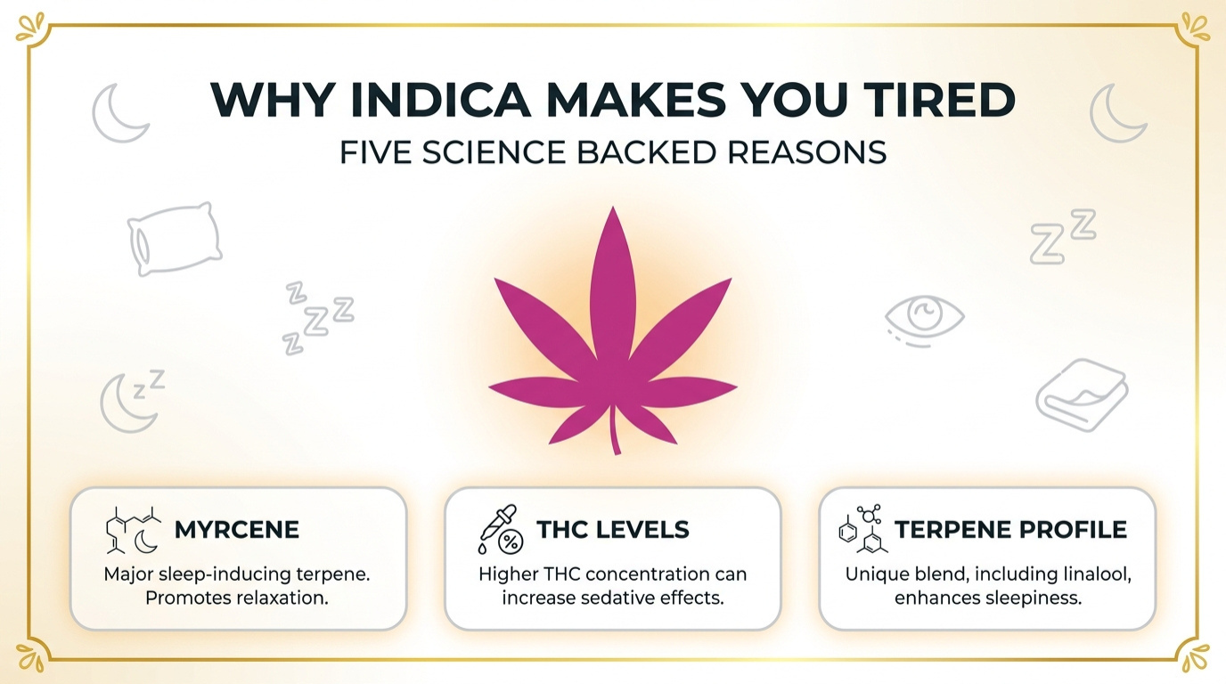 Why Indica Makes You Tired Infographic Showing Myrcene, Thc Levels, And Terpene Profile As Science Backed Reasons For Sleepiness