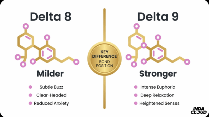 Delta 8: Your Questions Answered - Effects, What To Know Before Trying, And Responsible Use 1 Delta 8 Versus Delta 9 Thc Comparison Chart Explaining Bond Position Differences Milder Delta 8 Effects And Stronger Delta 9 Psychoactive Experience